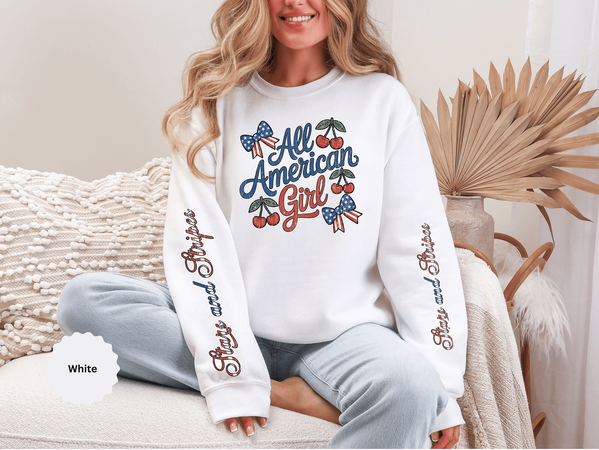 All American Girl Sweatshirt, Patriotic Womens Pullover, USA Flag Cherry Top, Vintage Americana Style, Fourth of July Gift