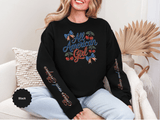 All American Girl Sweatshirt, Patriotic Womens Pullover, USA Flag Cherry Top, Vintage Americana Style, Fourth of July Gift