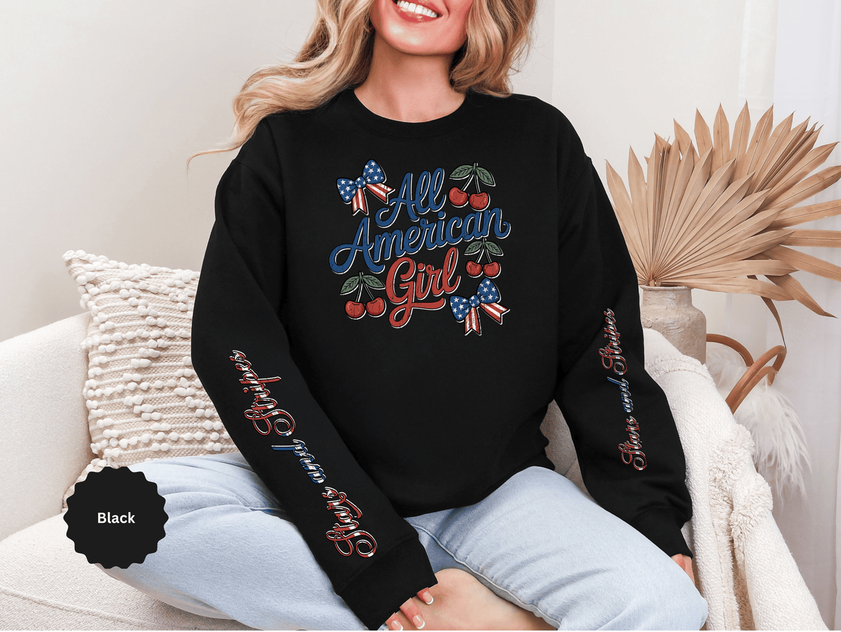 All American Girl Sweatshirt, Patriotic Womens Pullover, USA Flag Cherry Top, Vintage Americana Style, Fourth of July Gift