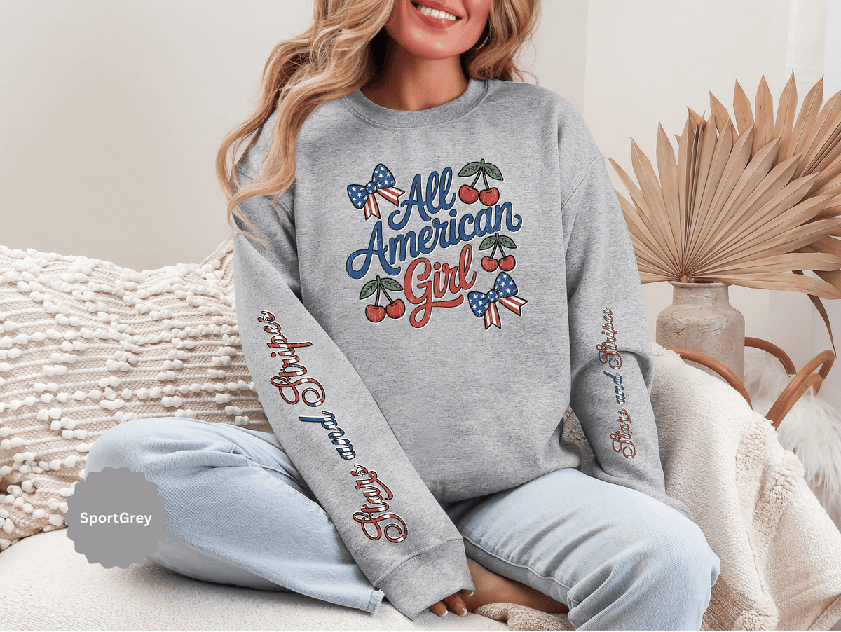 All American Girl Sweatshirt, Patriotic Womens Pullover, USA Flag Cherry Top, Vintage Americana Style, Fourth of July Gift