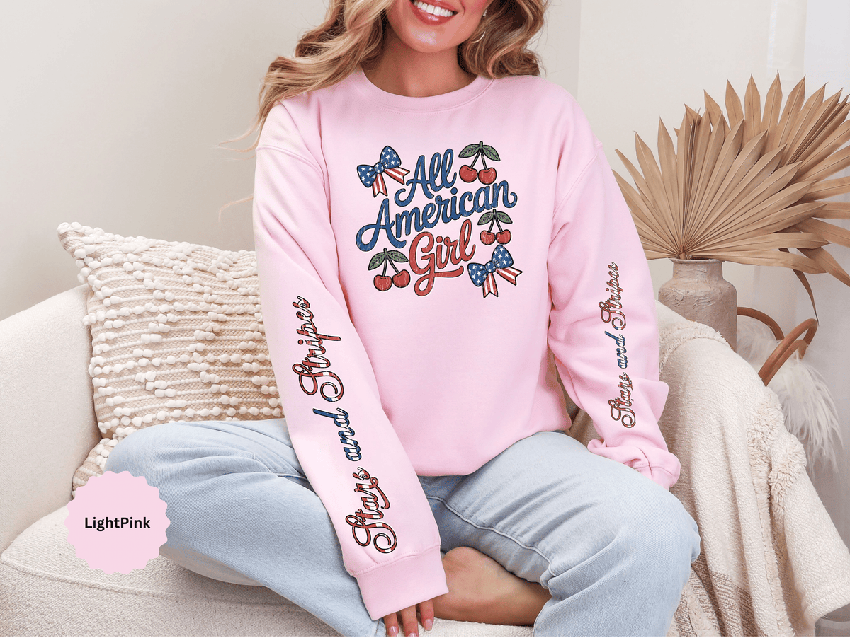 All American Girl Sweatshirt, Patriotic Womens Pullover, USA Flag Cherry Top, Vintage Americana Style, Fourth of July Gift