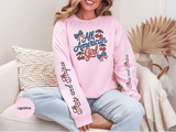 All American Girl Sweatshirt, Patriotic Womens Pullover, USA Flag Cherry Top, Vintage Americana Style, Fourth of July Gift