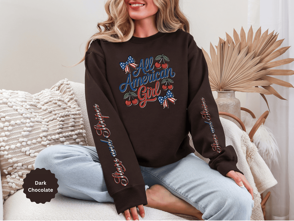 All American Girl Sweatshirt, Patriotic Womens Pullover, USA Flag Cherry Top, Vintage Americana Style, Fourth of July Gift