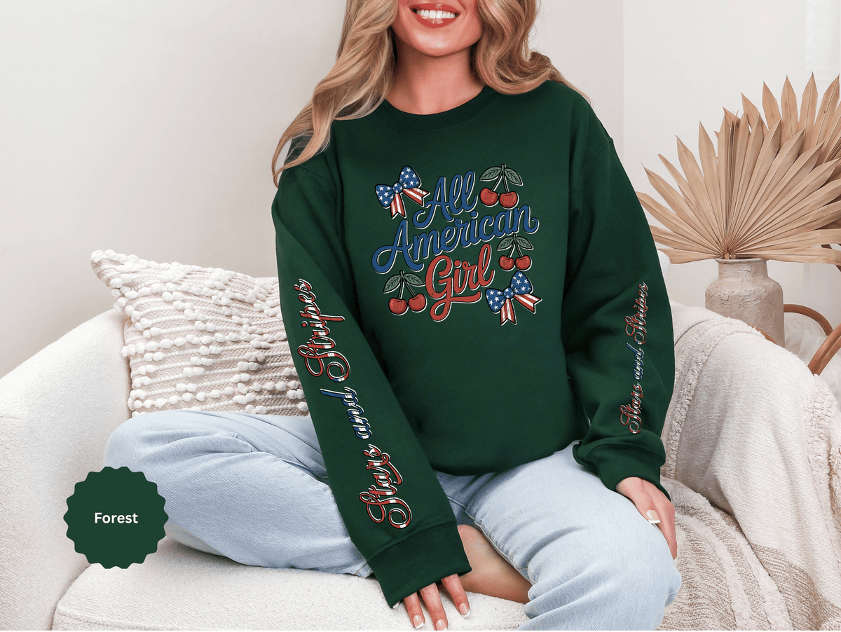 All American Girl Sweatshirt, Patriotic Womens Pullover, USA Flag Cherry Top, Vintage Americana Style, Fourth of July Gift