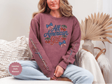 All American Girl Sweatshirt, Patriotic Womens Pullover, USA Flag Cherry Top, Vintage Americana Style, Fourth of July Gift