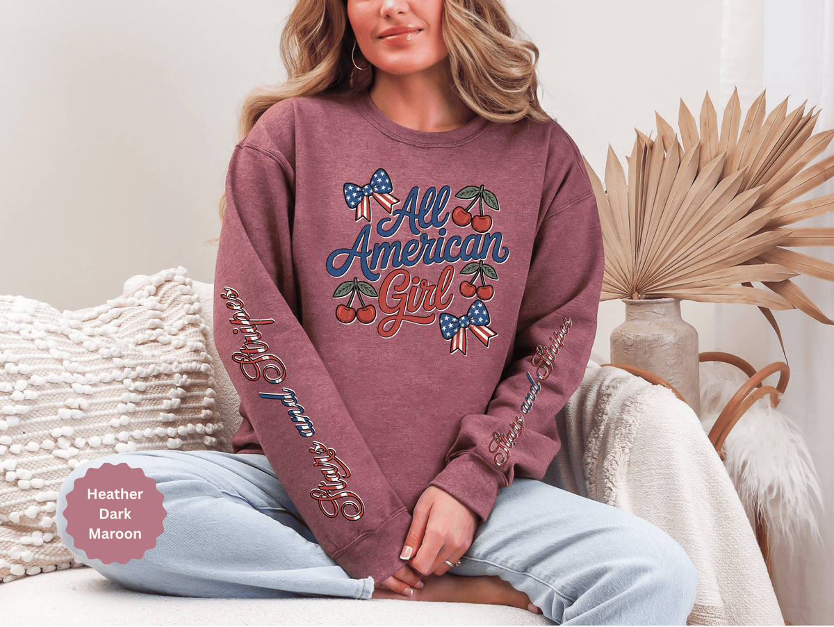 All American Girl Sweatshirt, Patriotic Womens Pullover, USA Flag Cherry Top, Vintage Americana Style, Fourth of July Gift