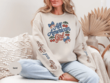 All American Girl Sweatshirt, Patriotic Womens Pullover, USA Flag Cherry Top, Vintage Americana Style, Fourth of July Gift