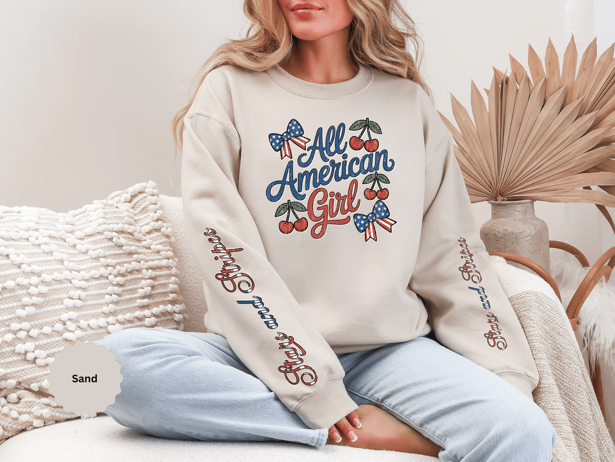 All American Girl Sweatshirt, Patriotic Womens Pullover, USA Flag Cherry Top, Vintage Americana Style, Fourth of July Gift