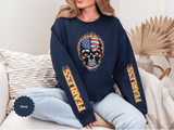 Patriotic Skull Sweatshirt, American Flag Skull Pullover, USA Biker Style Top, Edgy Americana Clothing, Fourth of July Gift