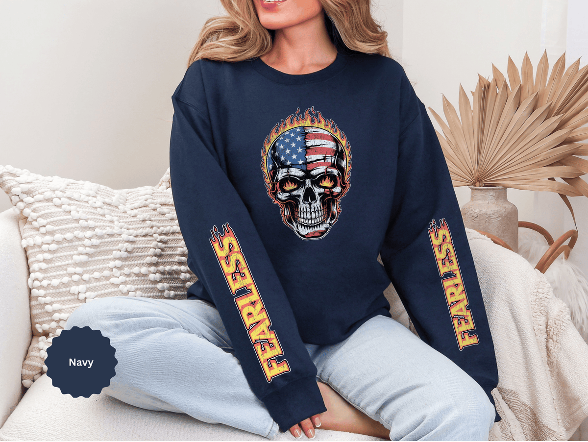 Patriotic Skull Sweatshirt, American Flag Skull Pullover, USA Biker Style Top, Edgy Americana Clothing, Fourth of July Gift