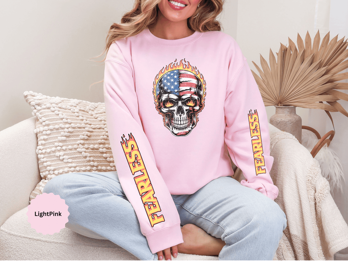 Patriotic Skull Sweatshirt, American Flag Skull Pullover, USA Biker Style Top, Edgy Americana Clothing, Fourth of July Gift