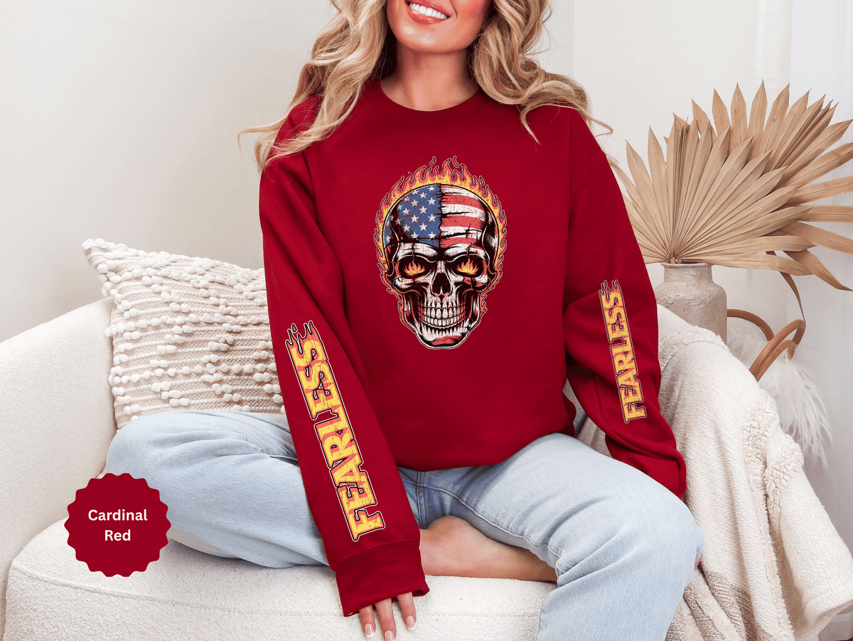 Patriotic Skull Sweatshirt, American Flag Skull Pullover, USA Biker Style Top, Edgy Americana Clothing, Fourth of July Gift