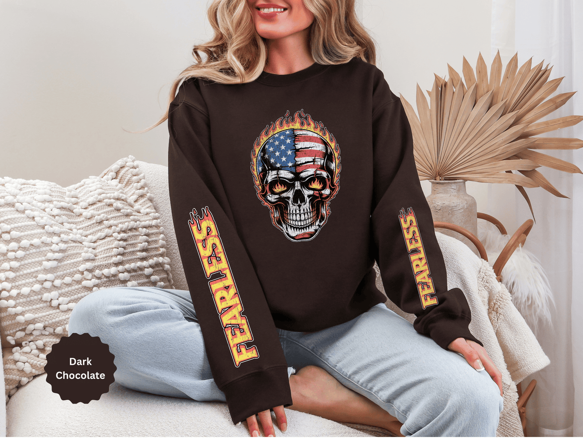 Patriotic Skull Sweatshirt, American Flag Skull Pullover, USA Biker Style Top, Edgy Americana Clothing, Fourth of July Gift