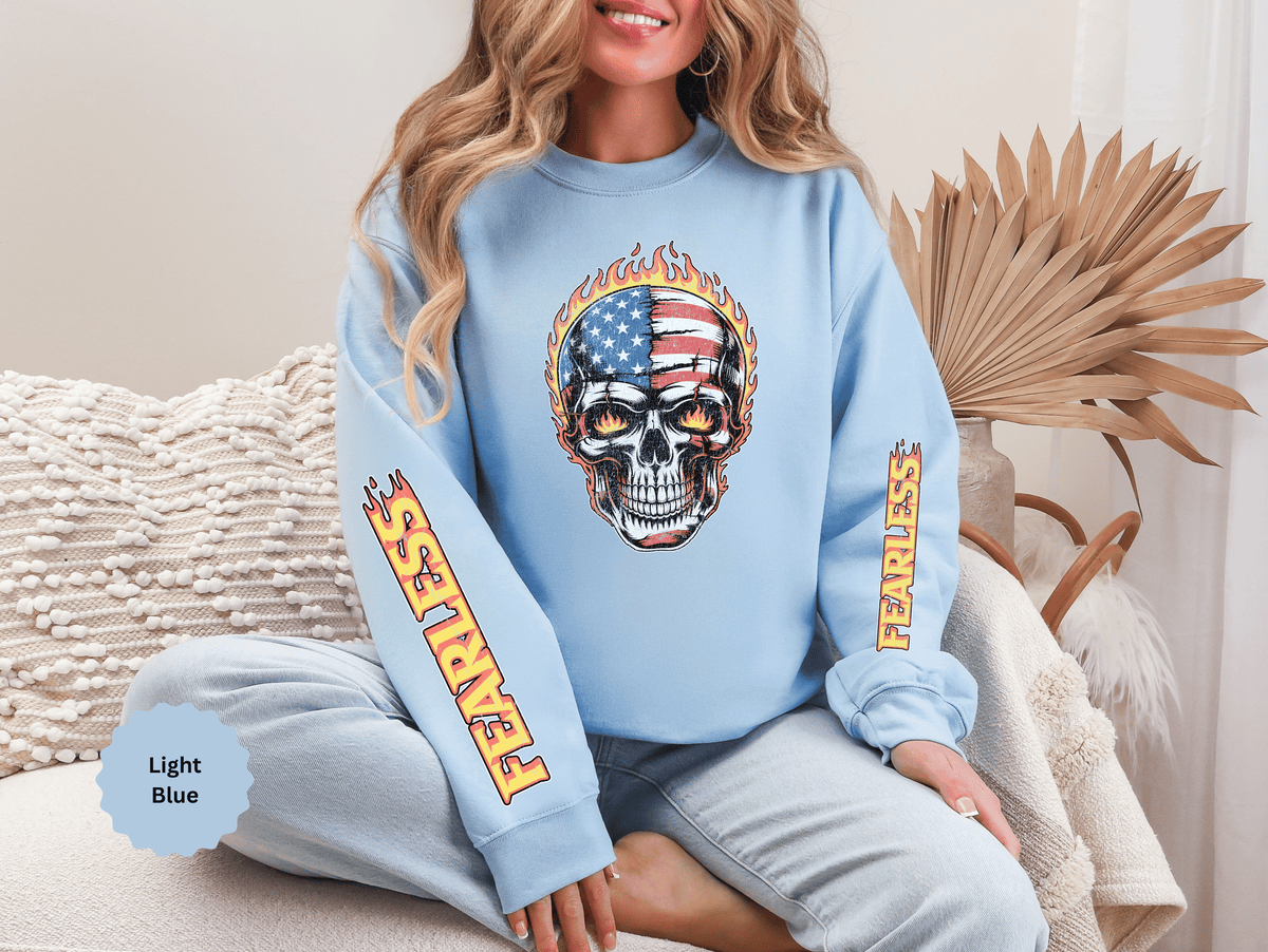 Patriotic Skull Sweatshirt, American Flag Skull Pullover, USA Biker Style Top, Edgy Americana Clothing, Fourth of July Gift