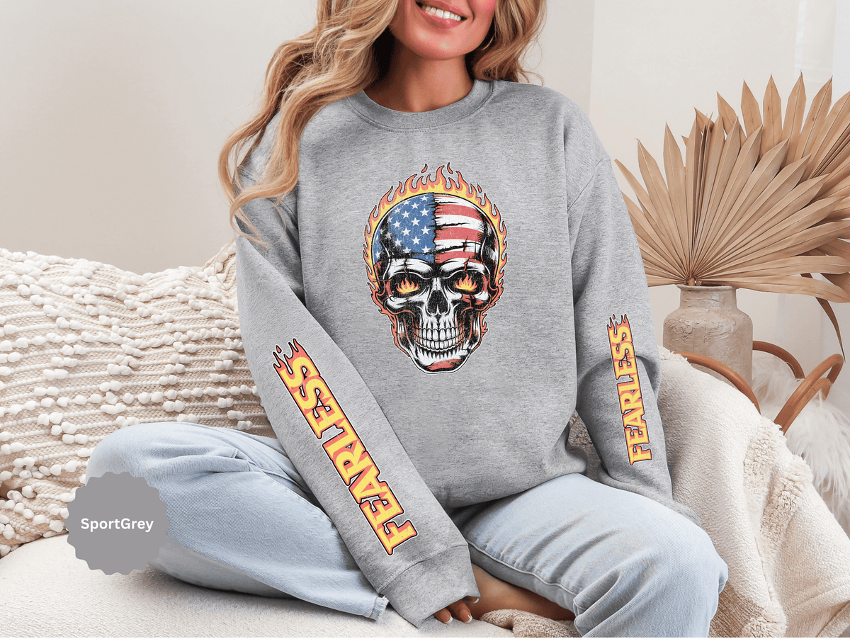 Patriotic Skull Sweatshirt, American Flag Skull Pullover, USA Biker Style Top, Edgy Americana Clothing, Fourth of July Gift