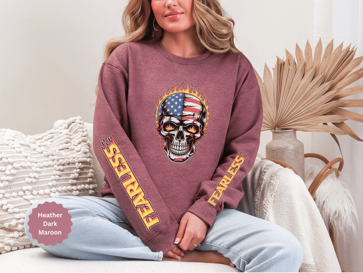 Patriotic Skull Sweatshirt, American Flag Skull Pullover, USA Biker Style Top, Edgy Americana Clothing, Fourth of July Gift