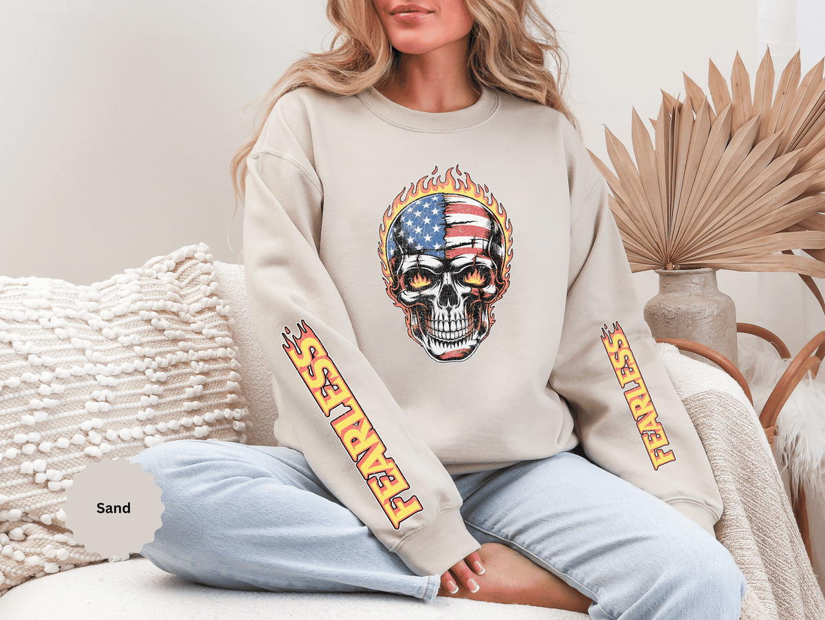 Patriotic Skull Sweatshirt, American Flag Skull Pullover, USA Biker Style Top, Edgy Americana Clothing, Fourth of July Gift