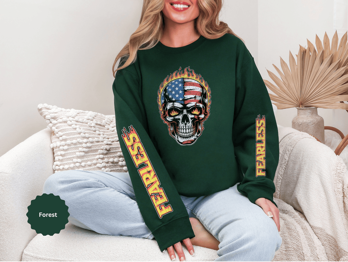 Patriotic Skull Sweatshirt, American Flag Skull Pullover, USA Biker Style Top, Edgy Americana Clothing, Fourth of July Gift