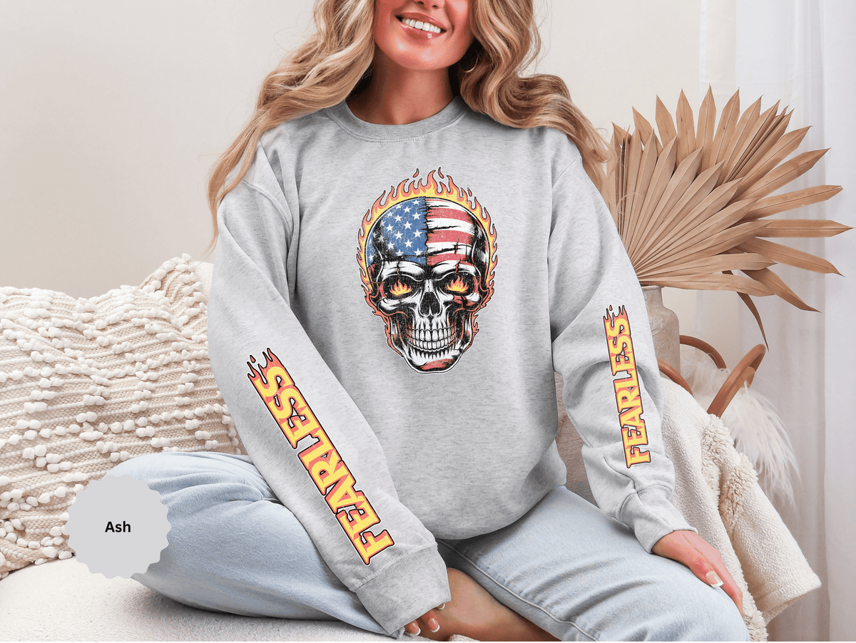Patriotic Skull Sweatshirt, American Flag Skull Pullover, USA Biker Style Top, Edgy Americana Clothing, Fourth of July Gift