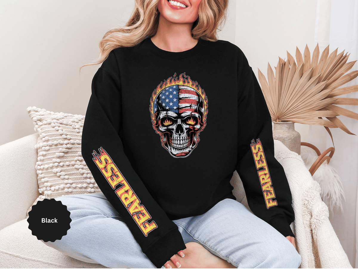 Patriotic Skull Sweatshirt, American Flag Skull Pullover, USA Biker Style Top, Edgy Americana Clothing, Fourth of July Gift