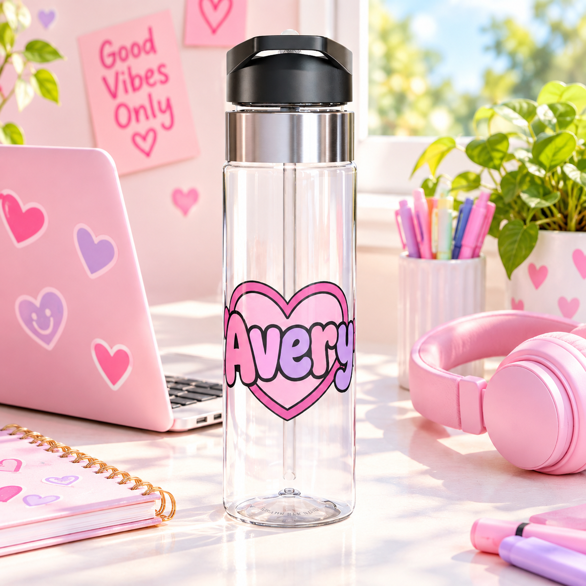 Personalized Pink Purple Water Bottle, Custom Name Drink Bottle with Hearts, Cute School Bottle for Girls, Birthday Gift for Her