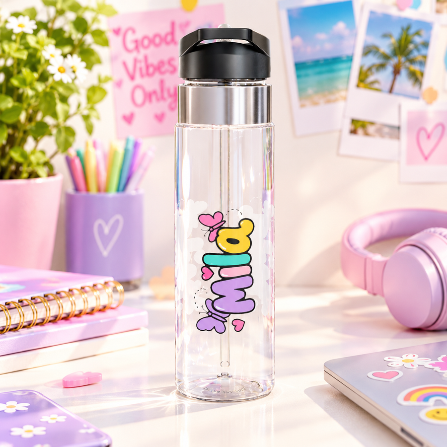 Personalized Butterfly Water Bottle, Custom Name Drink Bottle for Girls, Pastel Kids School Bottle, Cute Birthday Gift for Her