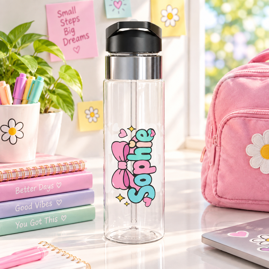 Personalized Pink Bow Water Bottle, Custom Name Drink Bottle for Girls, Cute Pastel School Bottle, Birthday Gift for Her