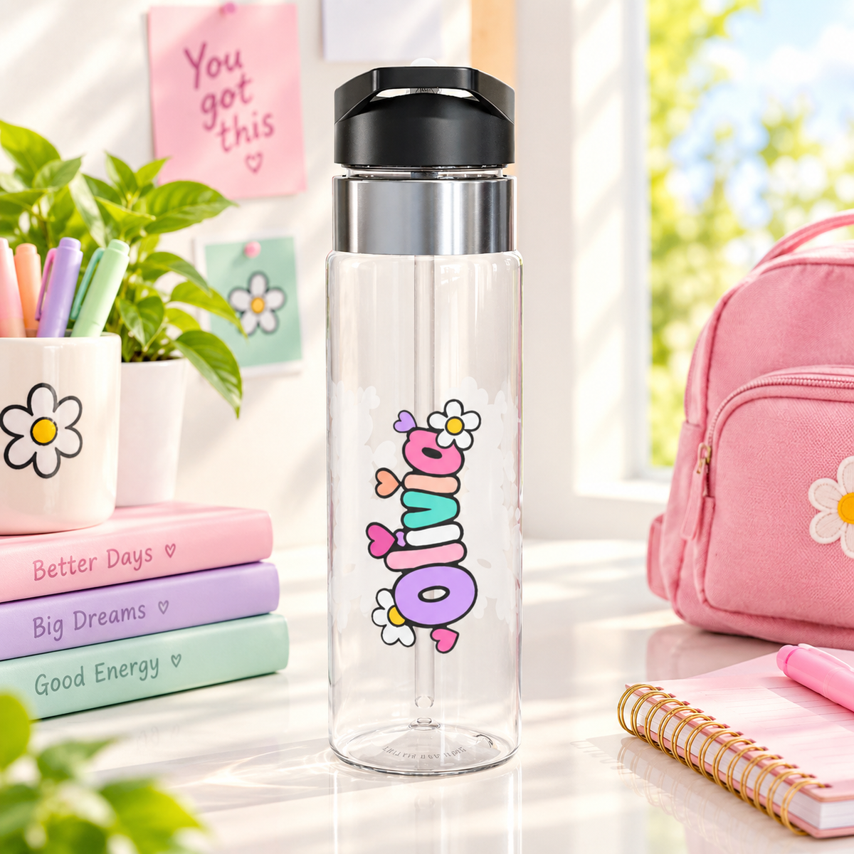 Personalized Daisy Name Water Bottle, Colorful Custom Drink Bottle for Girls, Floral School Bottle, Cute Birthday Gift for Kids