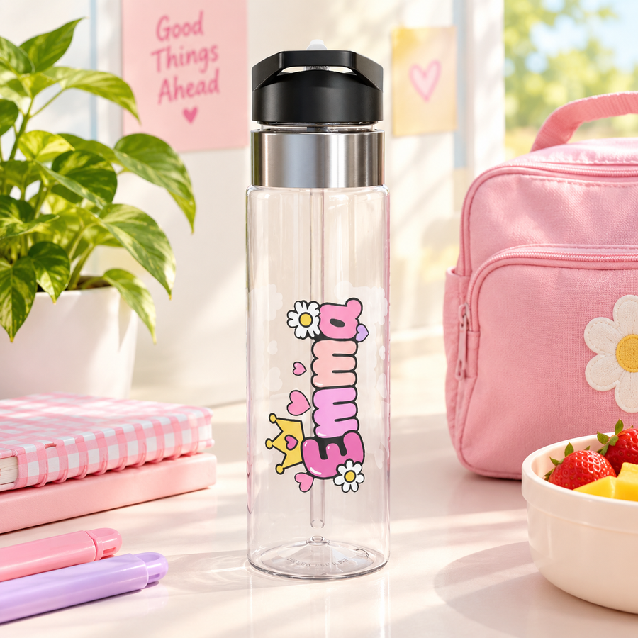 Custom Pink Name Water Bottle for Girls, Personalized Kids Drink Bottle, Cute Crown and Heart Design, School Birthday Gift