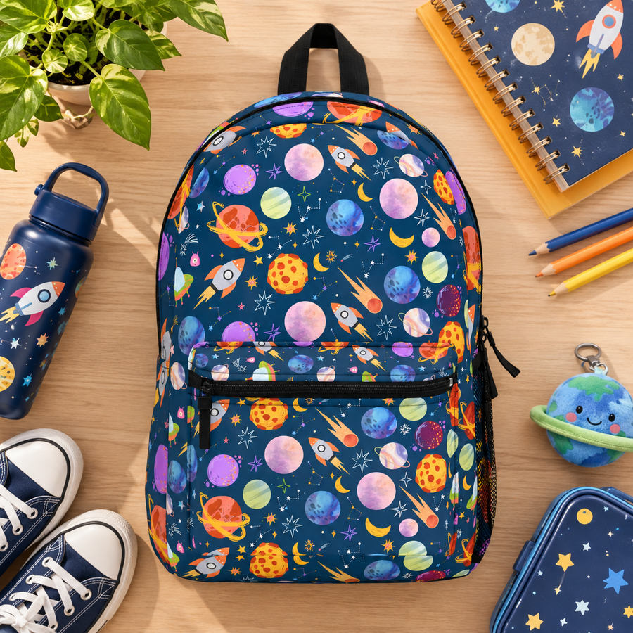 A backpack with black top handle, front zip pocket and mesh side pocket, covered in an all-over print of colorful planets, rockets, comets, moons and stars on a navy background.