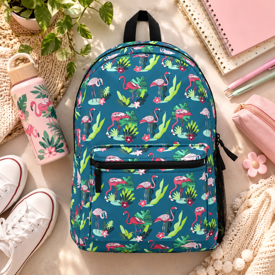 A backpack with black top handle, front zip pocket and mesh side pocket, covered in an all-over print of pink flamingos, green tropical leaves and pink flowers on a teal background.