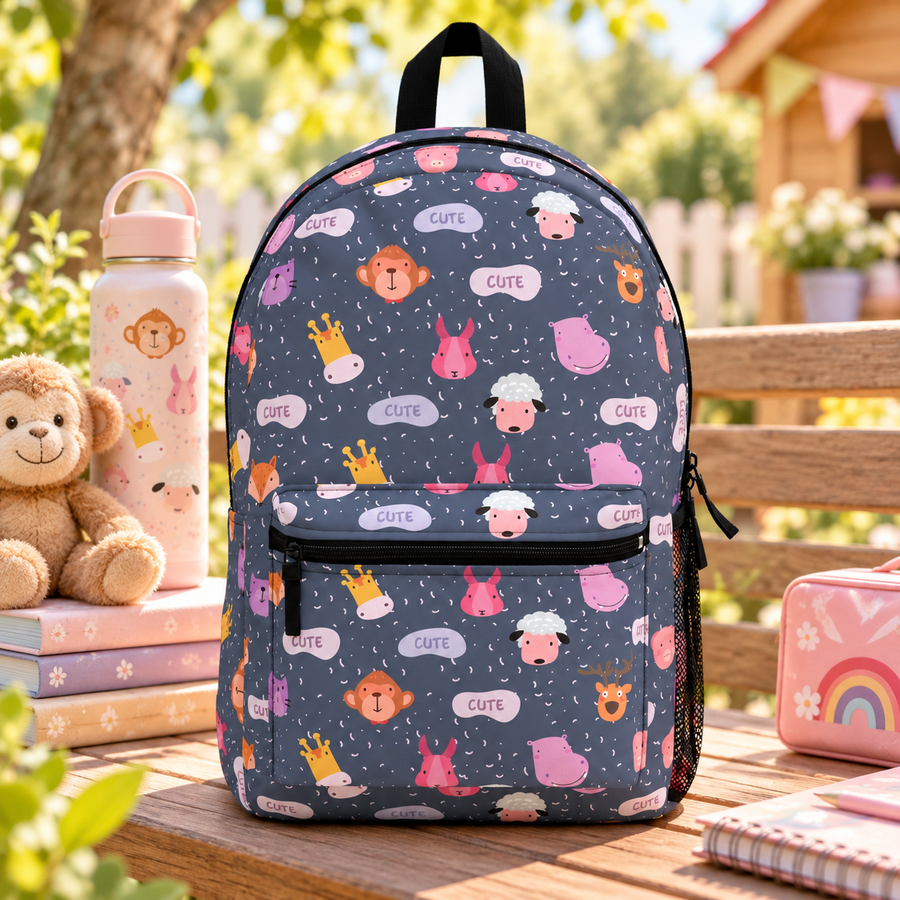 A backpack with black top handle, front zip pocket and mesh side pocket, covered in cartoon animal faces, including monkeys, sheep, bunnies, hippos and giraffes, with "CUTE" speech bubbles on a navy background.