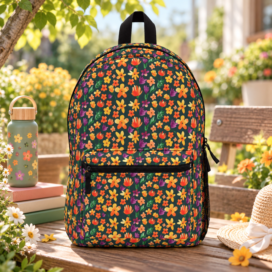 A backpack with black top handle, front zip pocket and mesh side pocket, covered in an all-over print of orange, yellow and purple wildflowers on a dark green background.