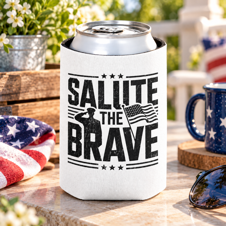 A white can cooler on a drink can, printed with "SALUTE THE BRAVE" in distressed black lettering with a saluting soldier silhouette and an American flag.