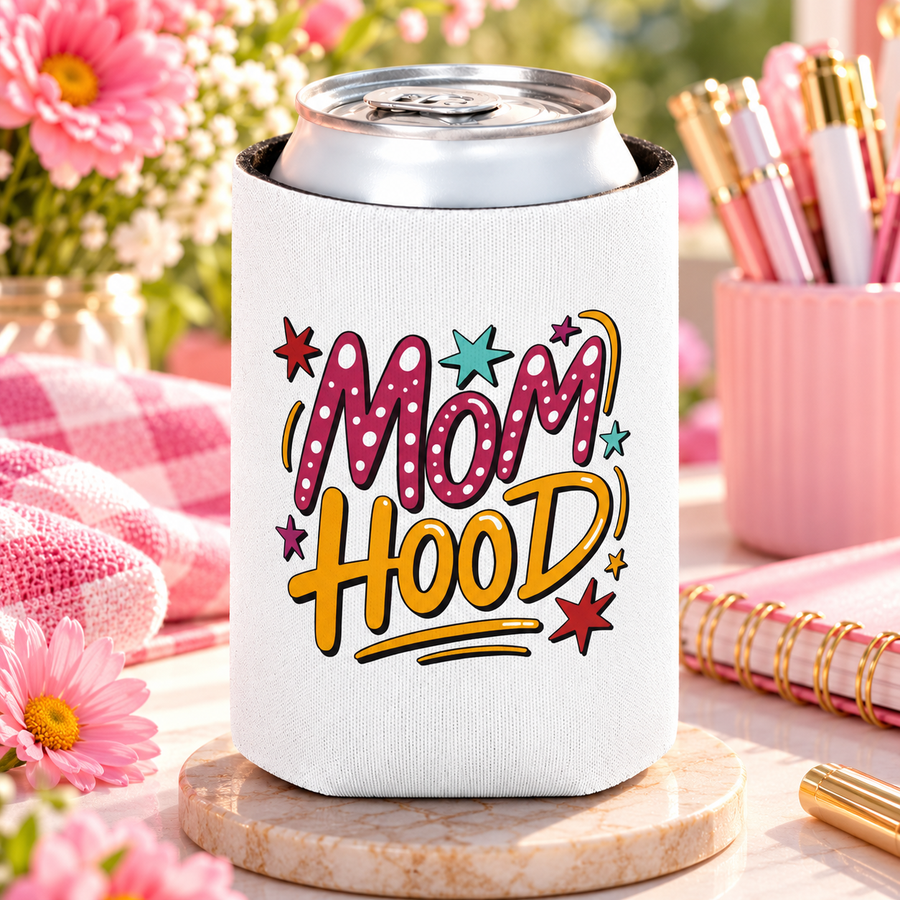 A white can cooler on a drink can, printed with "MOM HOOD" in pink polka-dot and yellow lettering with scattered stars.