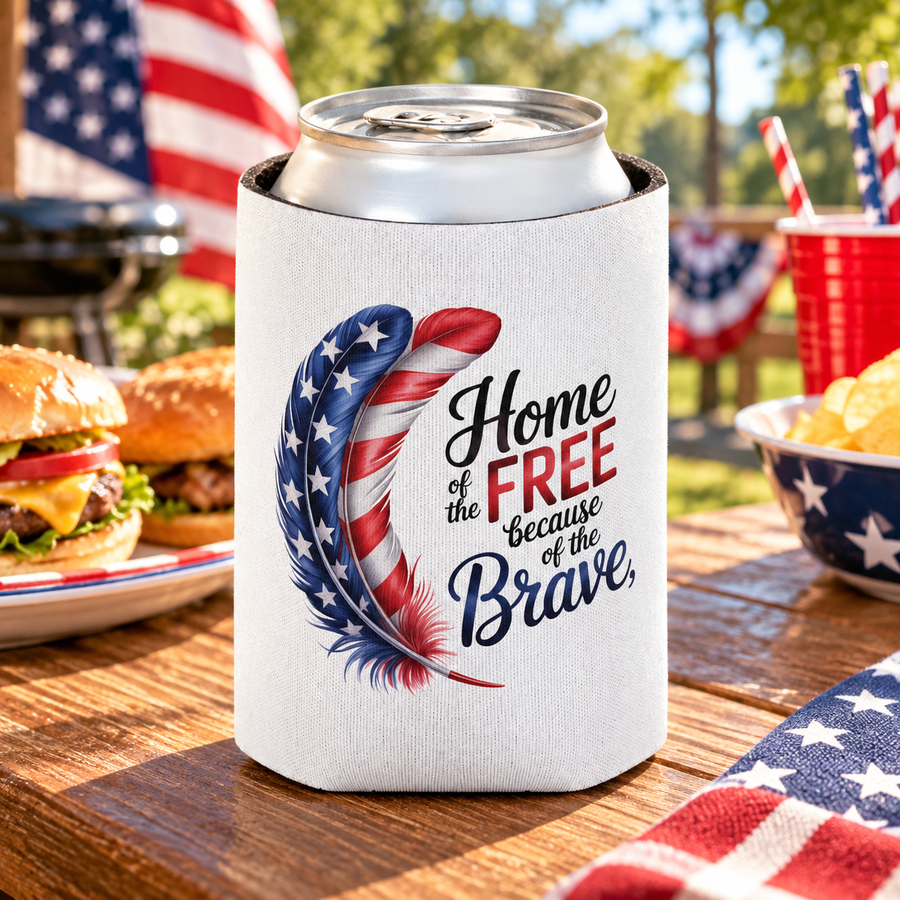 A white can cooler on a drink can, printed with a stars-and-stripes feather beside the words "Home of the FREE because of the Brave."