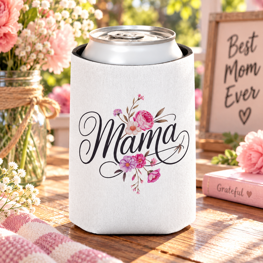 A white can cooler on a drink can, printed with "Mama" in black script with pink and purple flowers woven through the lettering.