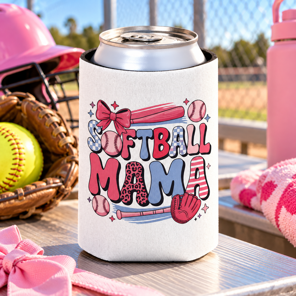 A white can cooler on a drink can, printed with "SOFTBALL MAMA" in pink, blue and leopard-print lettering with a bow, softballs, bats and a glove.
