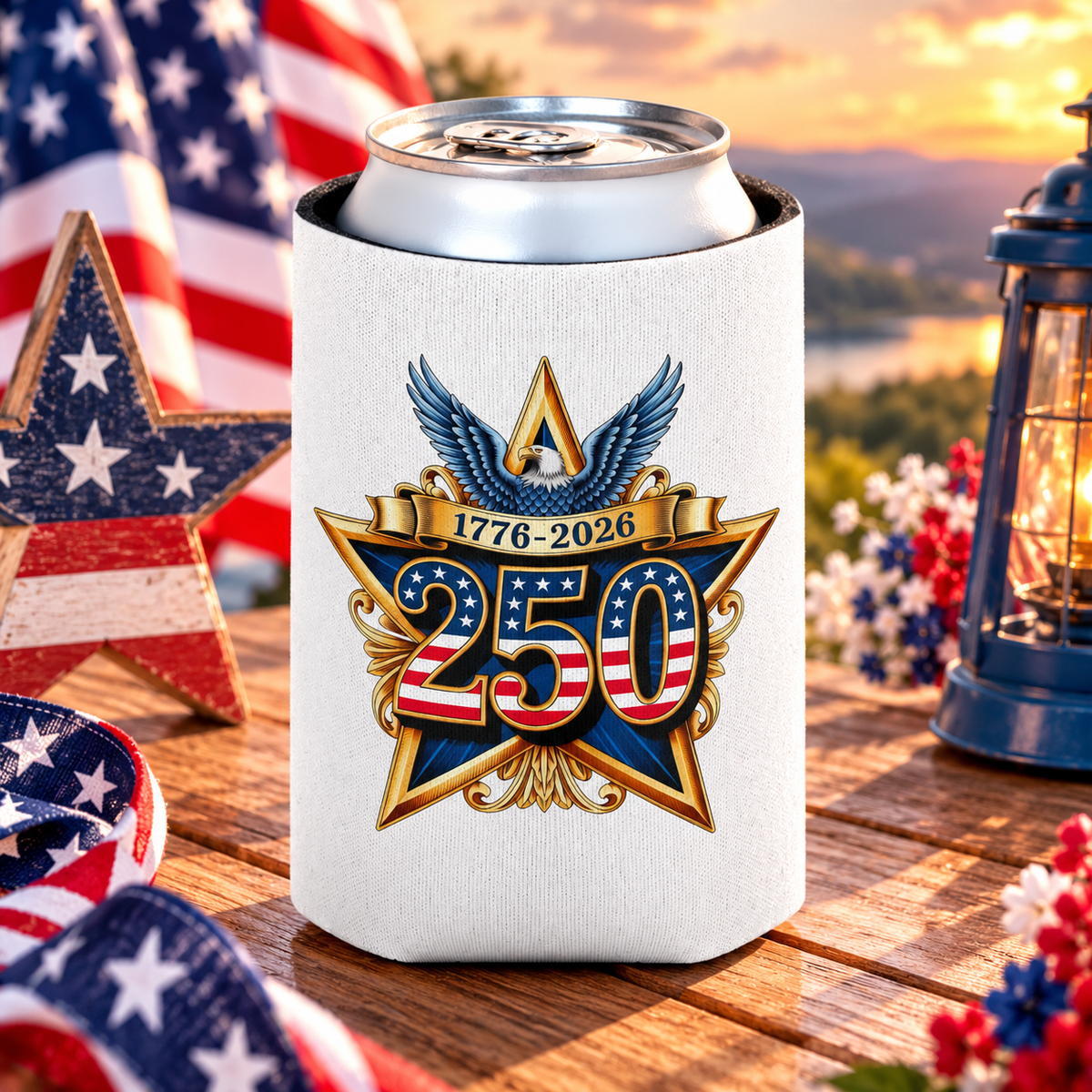 A white can cooler on a drink can, printed with a gold star emblem with a bald eagle, a "1776-2026" banner and a large "250" in stars and stripes.