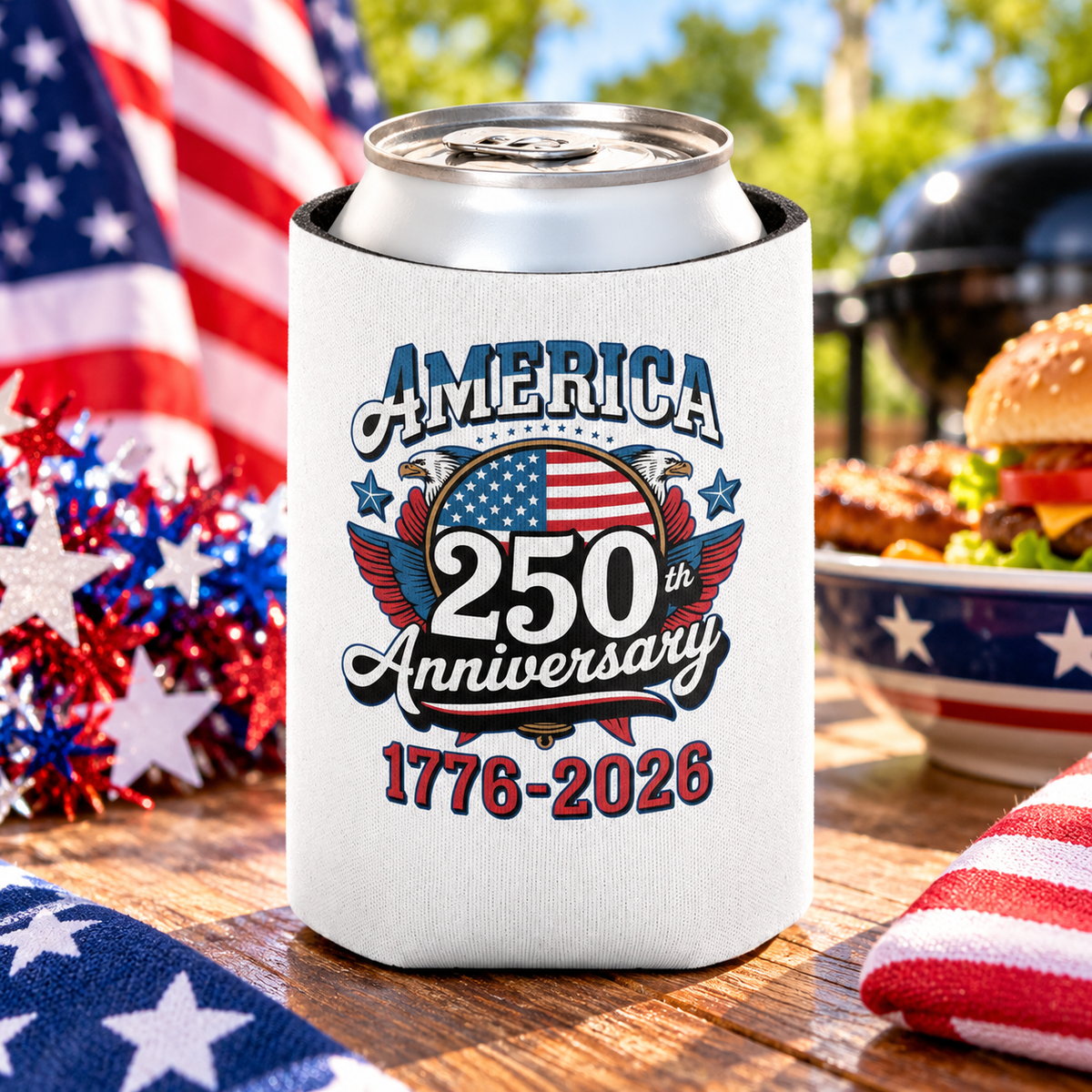 A white can cooler on a drink can, printed with "AMERICA 250th Anniversary 1776-2026" with an American flag, two eagles and red wings.