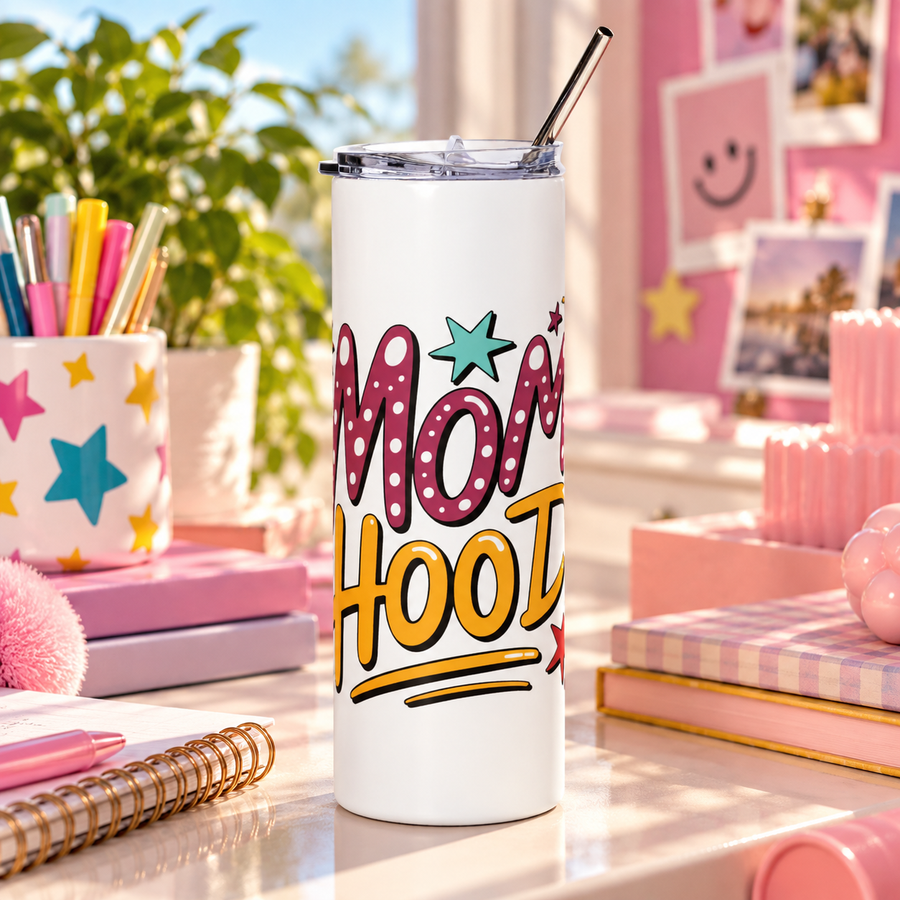 A white stainless steel skinny tumbler with a clear lid and metal straw, printed with "MOM HOOD" in pink polka-dot and yellow lettering with scattered stars.