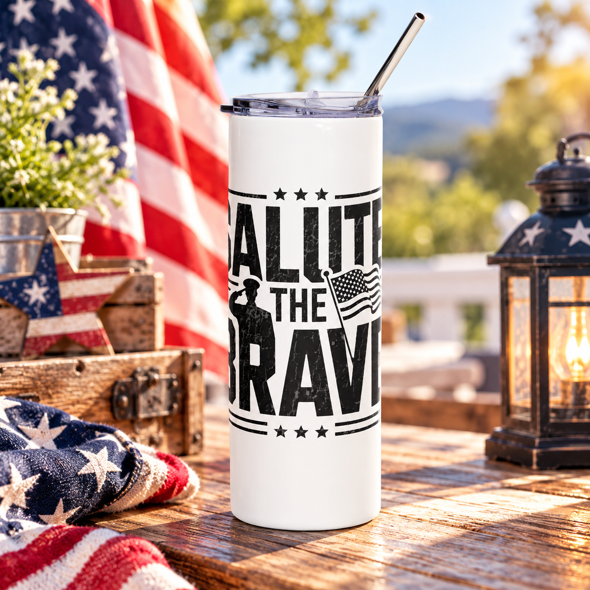 Patriotic Skinny Tumbler, Salute the Brave Travel Cup, Military Veteran Gift, American Pride Drinkware, USA Patriotic Gift for Him