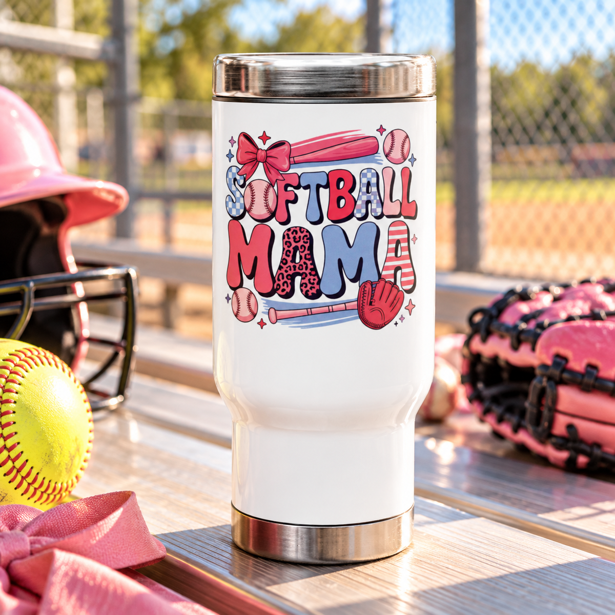 Softball Mama Travel Mug, Pink Baseball Mom Stainless Steel Cup, Cute Sports Mom Gift, Game Day Drinkware, Softball Season Gift for Women