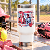 Softball Mama Travel Mug, Pink Baseball Mom Stainless Steel Cup, Cute Sports Mom Gift, Game Day Drinkware, Softball Season Gift for Women
