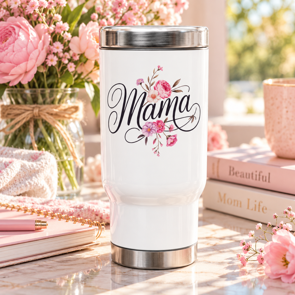 Mama Floral Stainless Steel Travel Mug, Mothers Day Gift for Mom, Flower Coffee Cup, Mom Travel Mug, Birthday Gift for Mama