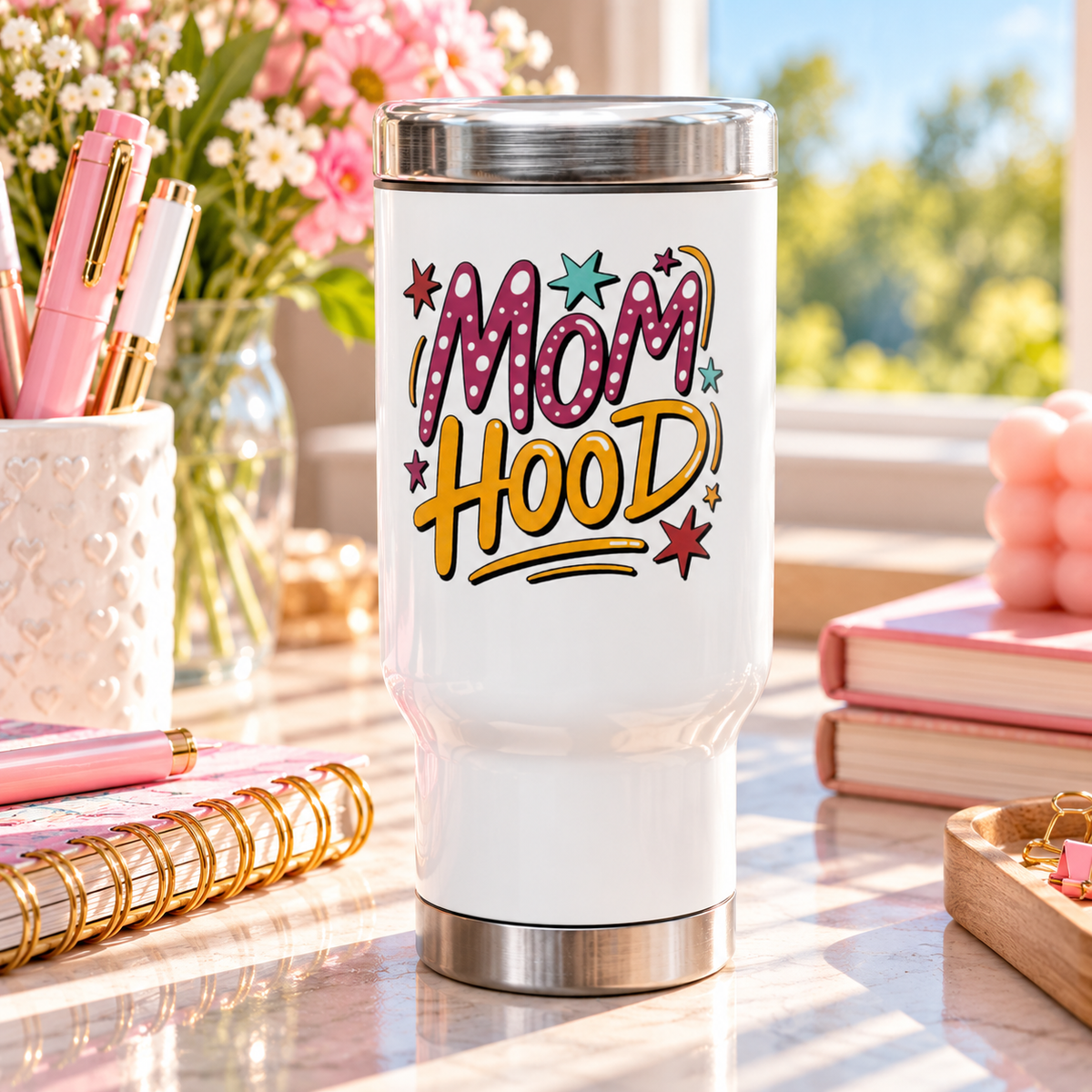 Mom Hood Stainless Steel Travel Mug, Funny Mom Coffee Cup, Motherhood Gift, Mom Life Drinkware, New Mom Gift, Birthday Gift for Mom