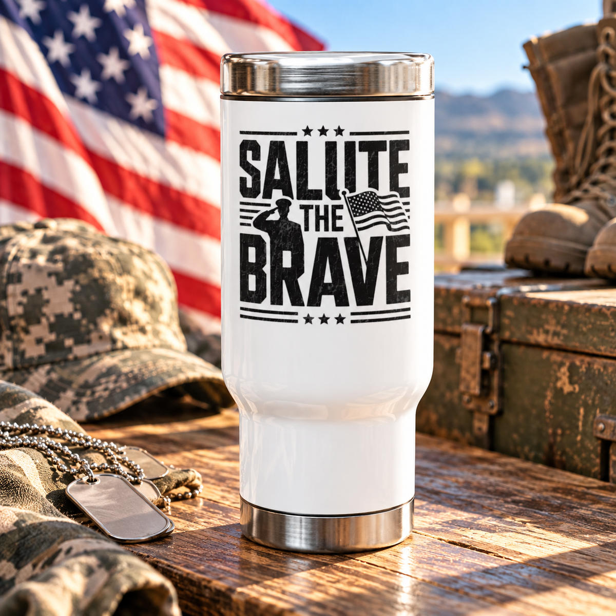 Salute the Brave Travel Mug, Stainless Steel Patriotic Cup, Military Appreciation Gift, Veteran Gift, USA Flag Drinkware, Fathers Day Gift