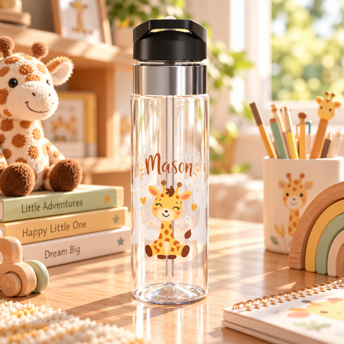 A clear water bottle with a black flip-top lid, stainless band and straw, printed with the sample name "Mason" in orange above a smiling cartoon baby giraffe with small hearts.