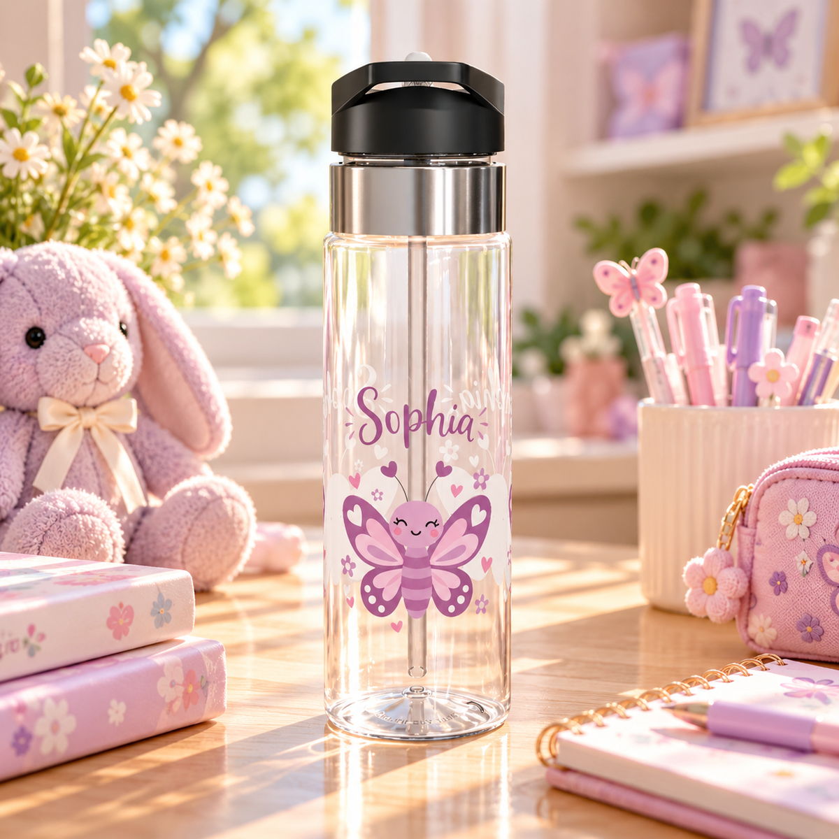 A clear water bottle with a black flip-top lid, stainless band and straw, printed with the sample name "Sophia" in purple above a smiling purple and pink cartoon butterfly with small hearts.