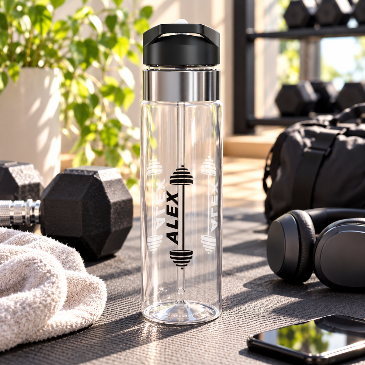 A clear water bottle with a black flip-top lid, stainless band and straw, printed with a black barbell design running vertically with the sample name "Alex" along the bar.